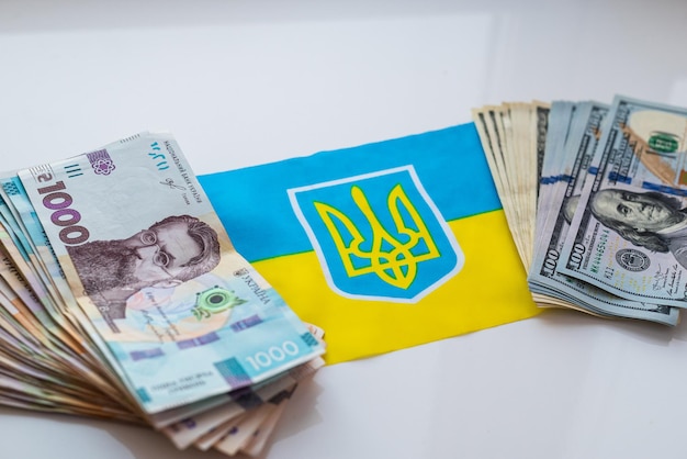 Ukrainian currency hryvnia and American dollar on the background of the Ukrainian flag State assistance to citizens in connection with the war in Ukraine