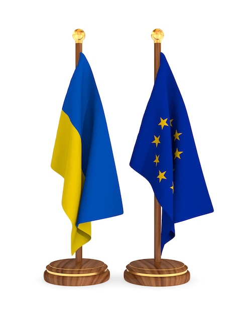 Ukrainian and EC flag on white background Isolated 3D illustration