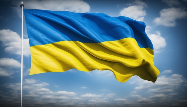 Ukrainian flag against the blue sky background.