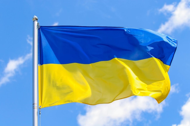 Ukrainian flag at Kiev on the blue sky