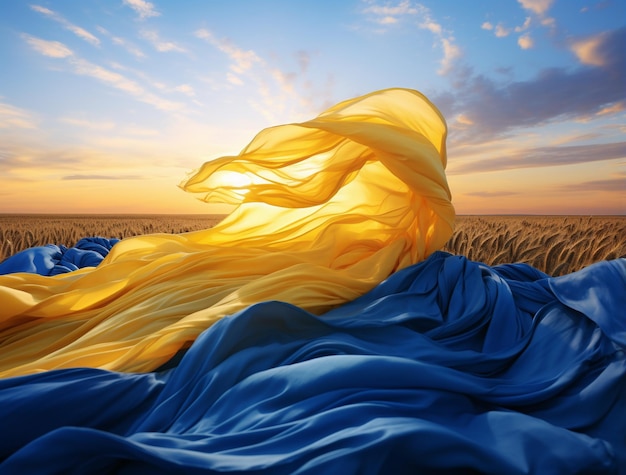 ukrainian flag sitting in wheat field at sunset in the style of luxurious drapery light navy and