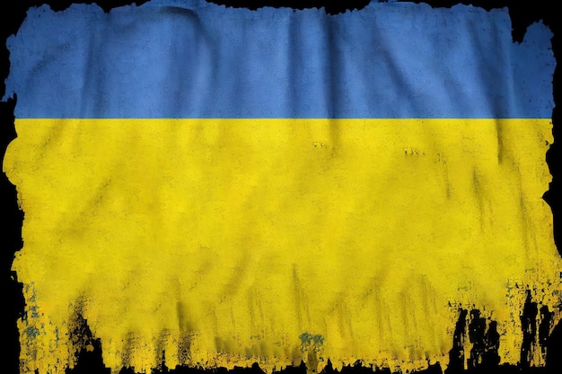 Ukrainian flag in times of war with buildings at the bottom of the image