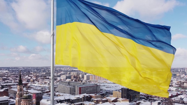 Ukrainian flag in the wind Blue Yellow flag in the city of Kharkov