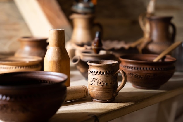 Ukrainian handmade clay dishes Applied and Hutsul ceramics Clay jug cups bowl Ukrainian traditions in the Carpathians Pottery Souvenirs from the Hutsul region Selective focus