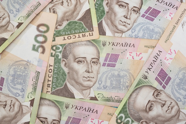 Ukrainian hryvnia for background. 500 hryvnia banknotes. Financial concept.