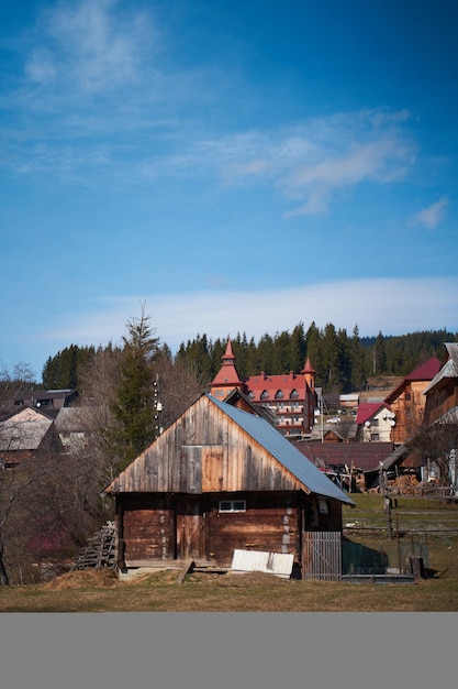 Ukrainian karpaty mountains landscape Spring in carpathian village