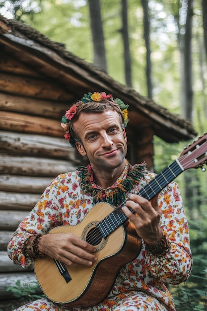 Photo ukrainian man in traditional clothes playing the guitar in the forest