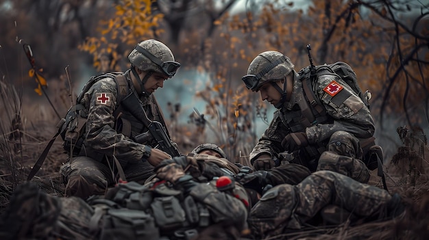 Ukrainian Soldiers Providing Tactical Medical Aid Amidst War Torn Donbas Landscape