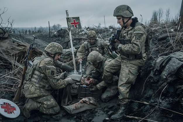 Ukrainian Soldiers Tend to Fallen Comrades in War Torn Battlefield Scene