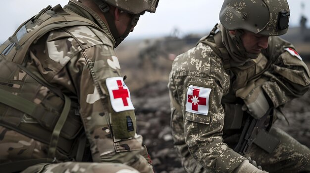 Ukrainian Soldiers Tending to Injured Comrade in Donbas Battlefield with Medical Equipment