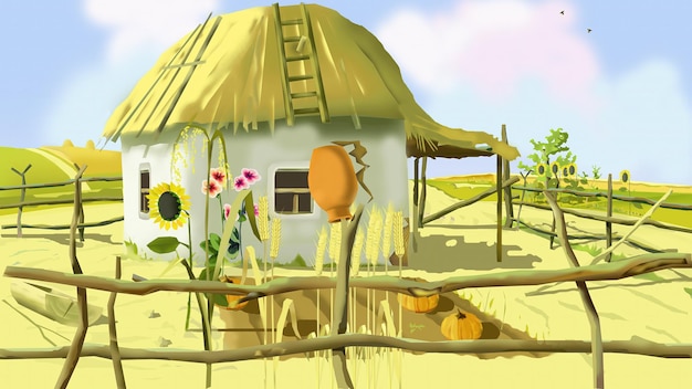 Ukrainian traditional hut illustration