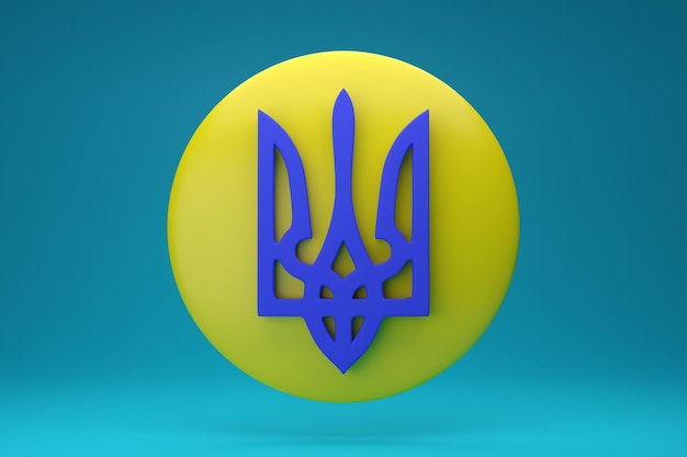 Ukrainian trident national emblem in round yellow dialog box with vivid blue background