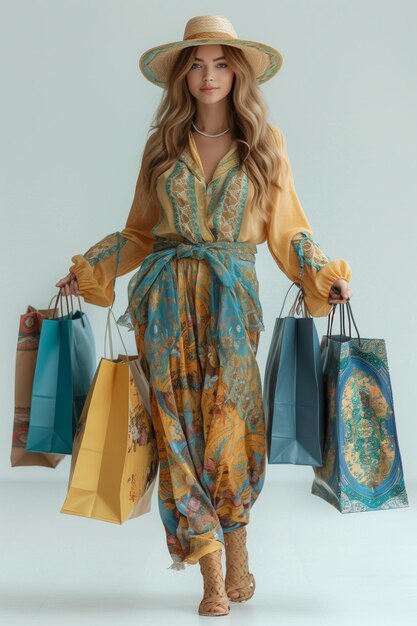 Ukrainian woman elegantly walks in traditional attire carrying shopping bags against a white backdrop