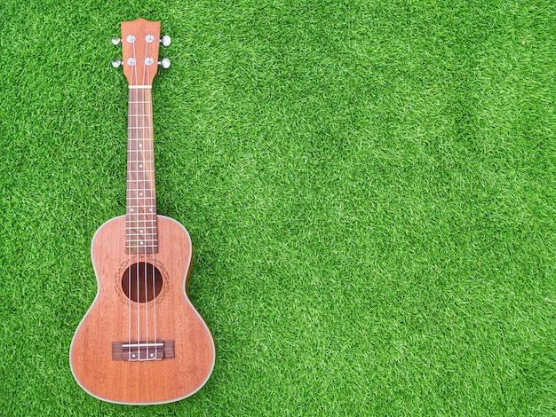 A ukulele on green lawn grass background with copy space