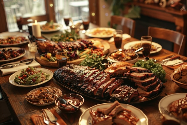 Ultimate BBQ Feast with Ribs Brisket Chicken and Classic Sides on a Festive Table Setting