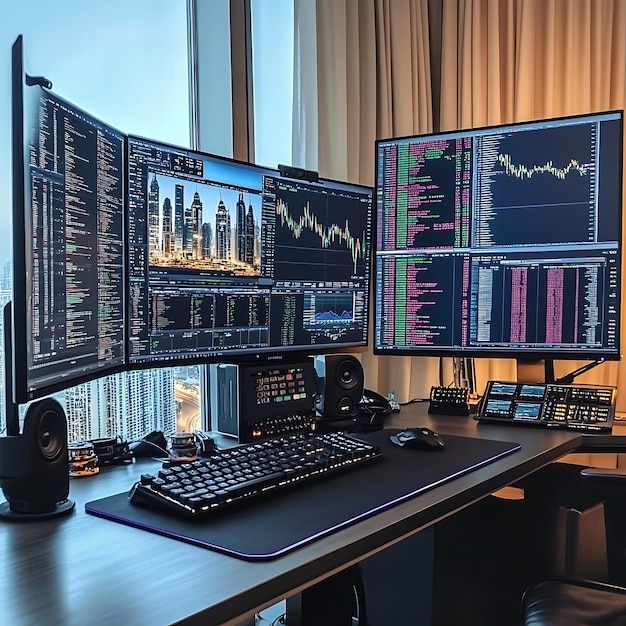 Photo ultimate forex trading setup with triple monitors in dubai