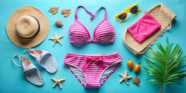 Ultimate Vacation Inspiration Top View Flat Lay of Womens Swimwear and Beach Accessories