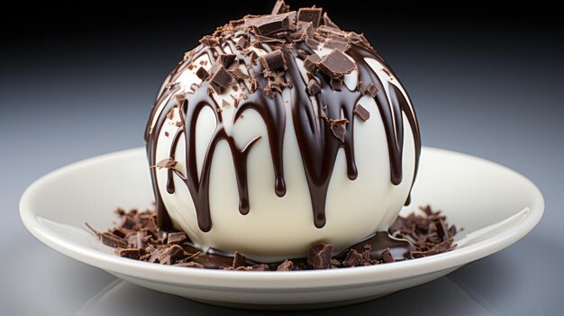 Ultra close up of a dark chocolate truffle filled with creamy white cream sticking out of it