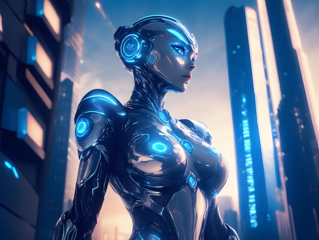 Ultra detailed illustration of a humanoid robot woman standing confidently on a scifi city