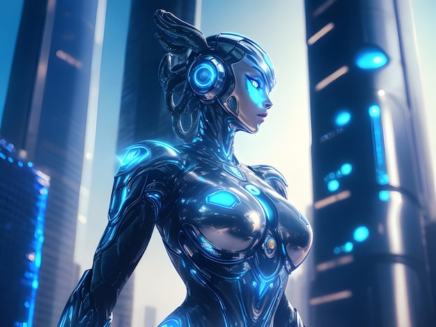 Ultra detailed illustration of a humanoid robot woman standing confidently on a scifi city