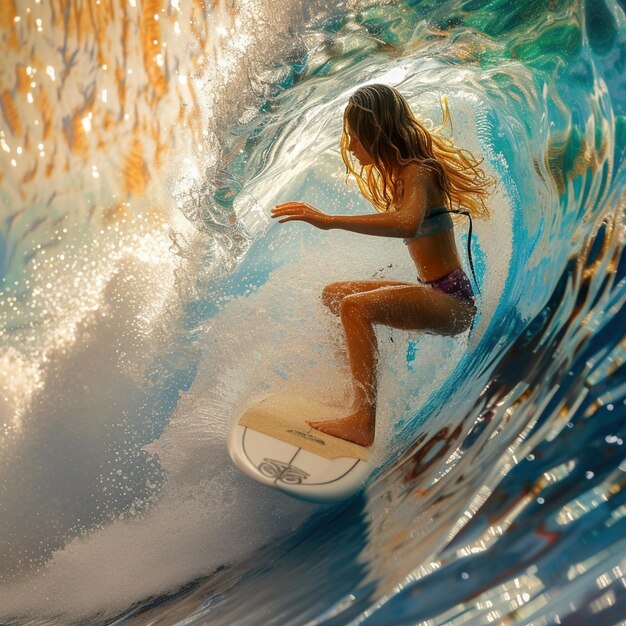 Ultra Detailed image of a person on a surfboard in a wave sunset in the background