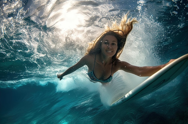 Ultra Detailed image of a person on a surfboard in a wave sunset in the background