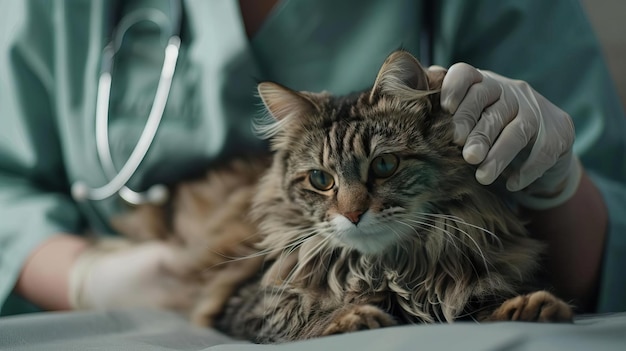 Ultra HD and hyperdetailed depiction of a veterinarian cleaning a Scottish cats coat isolated against a simple background showcasing the precision and care in 32k resolution