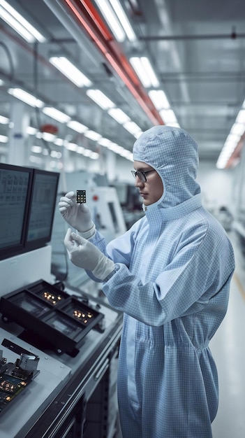 In Ultra Modern Electronic Manufacturing Factory Design Engineer in Sterile Coverall Holds Microchi