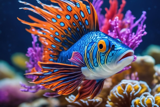 A ultra picture of a colorful fish swiming away from the camera