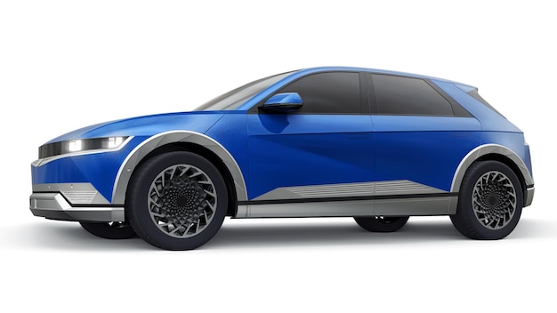 Ultra progressive electric hatchback SUV for people who love technology Blue car on a white isolated background 3d illustration