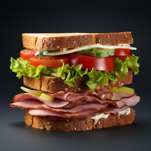 Ultra Realistic 4k Sandwich Ham Beef Bacon Cheese On Black Background