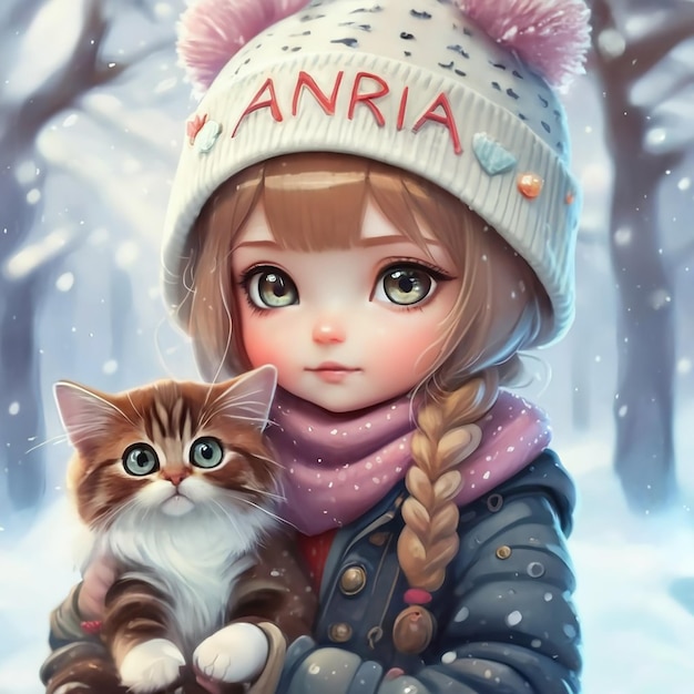 Ultra realistic cute beautiful chibi 8k A girl with a tender face wears a worsted hat The letters