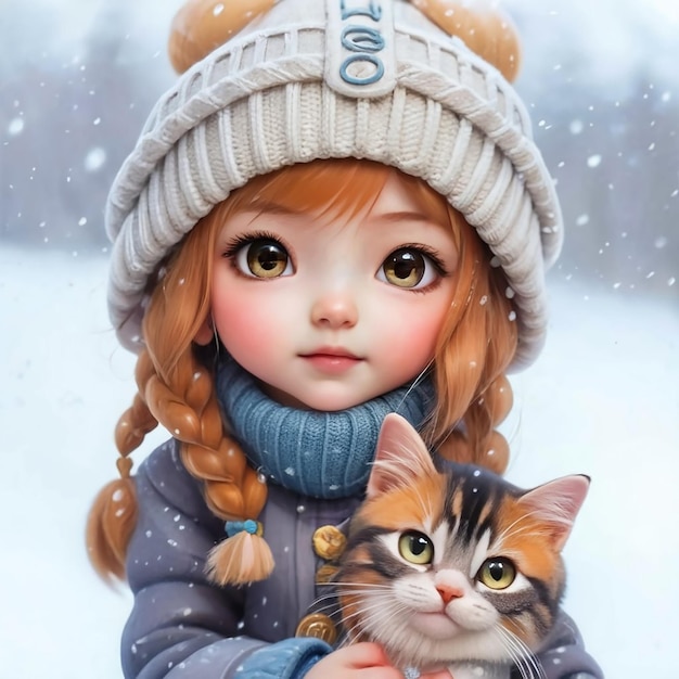 Ultra realistic cute beautiful chibi 8k A girl with a tender face wears a worsted hat The letters