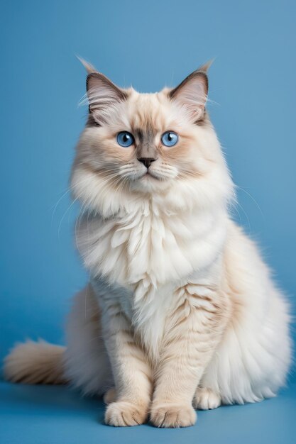 Ultra realistic and detailed ragdoll cat candid shot on full body blue background in studio ultra H