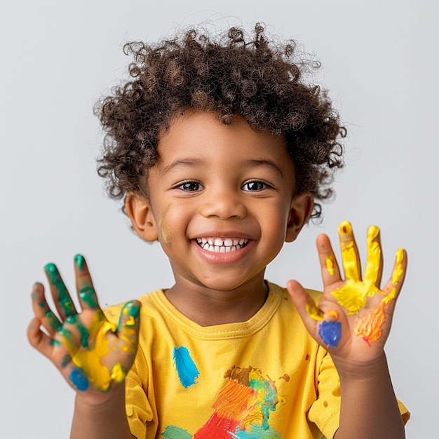 A ultra realistic and happy child showing colored hands against on white background