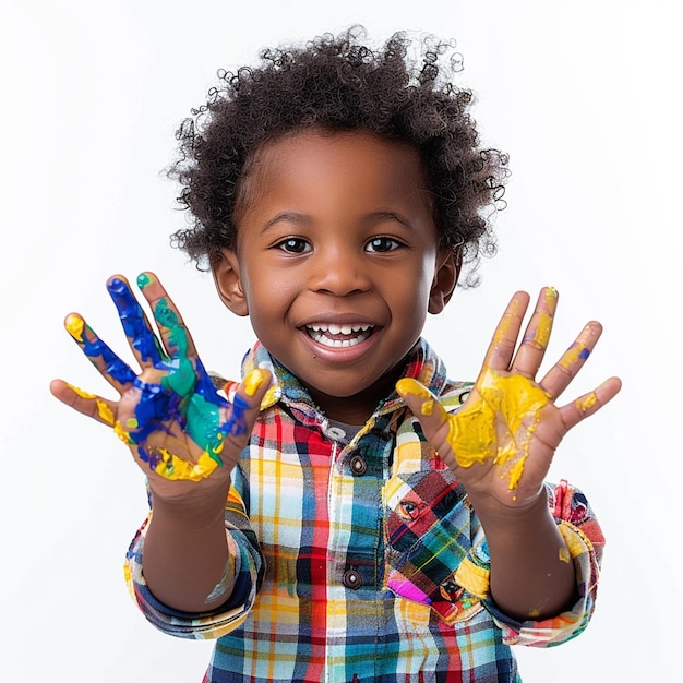 A ultra realistic and happy child showing colored hands against on white background