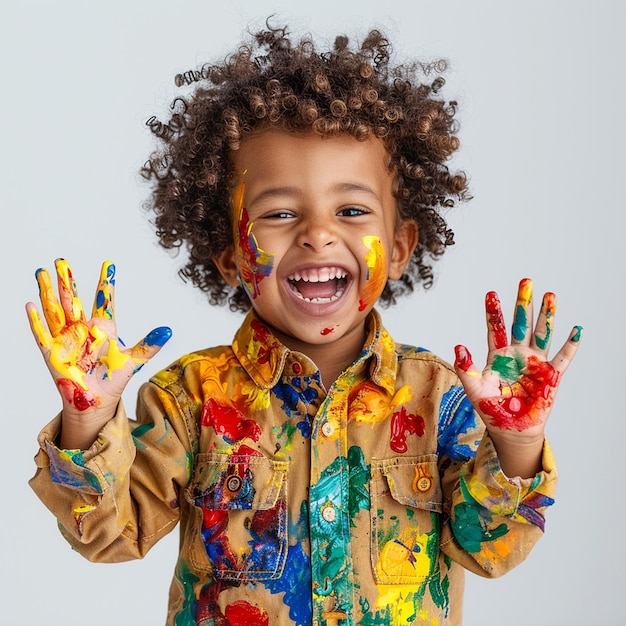 A ultra realistic and happy child showing colored hands against on white background