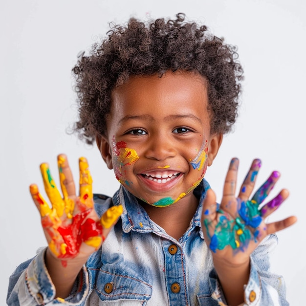 A ultra realistic and happy child showing colored hands against on white background