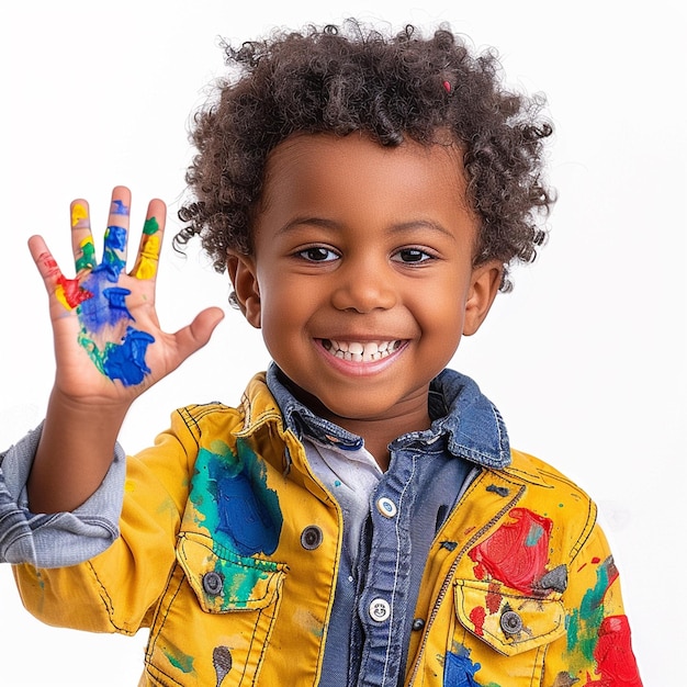 A ultra realistic and happy child showing colored hands against on white background