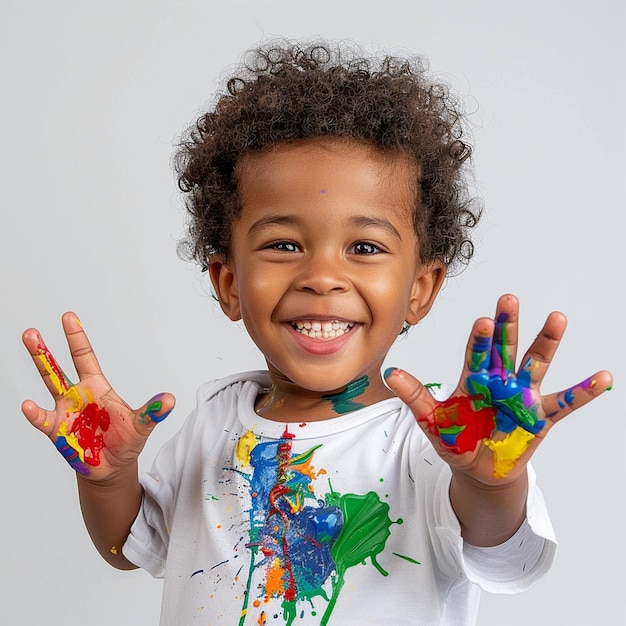 A ultra realistic and happy child showing colored hands against on white background