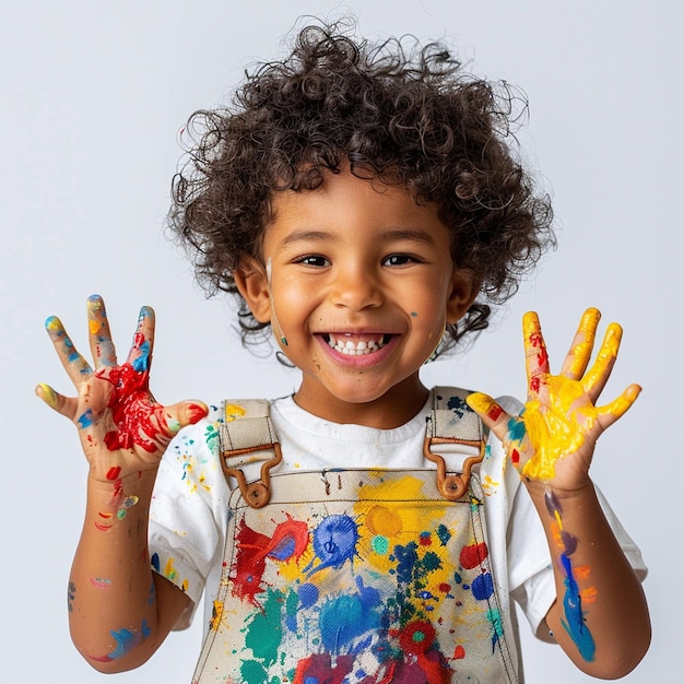 A ultra realistic and happy child showing colored hands against on white background