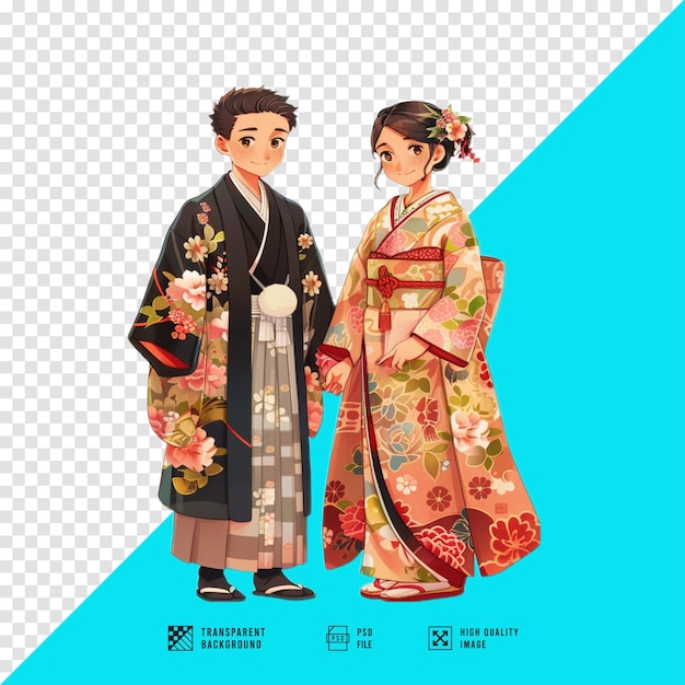 Ultra realistic illustration of a bridal couple wearing traditional Japanese wedding dresses