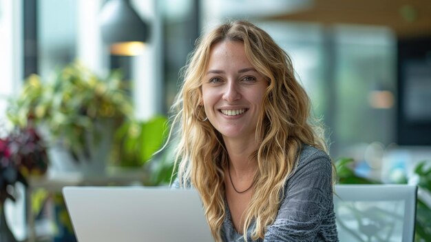 Ultra realistic photo of a key account manager in the pharma branche working on his laptop she is sm