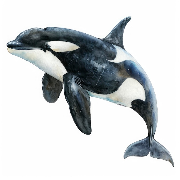 Ultra realistic watercolor style illustration of beautiful killer whale high detailed isolated