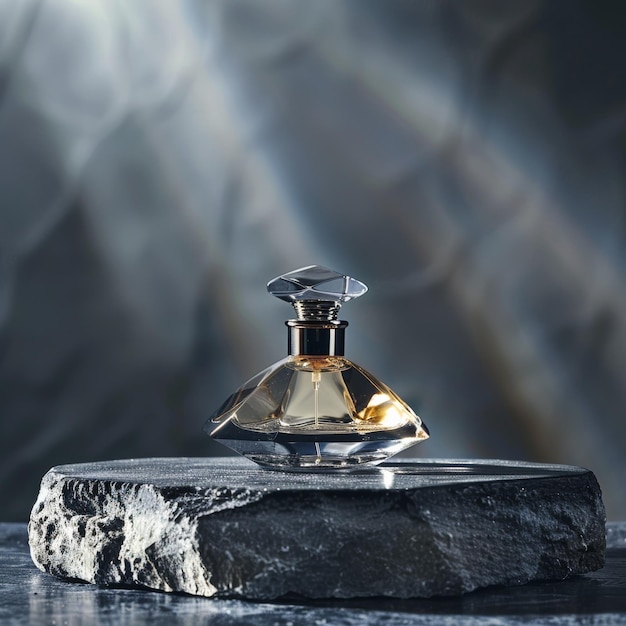 Photo ultra sharp photo illustrating a luxury glass or crystal perfume bottle positioned a stone platform