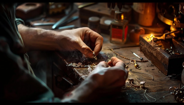 Photo ultra sharp photo of a jeweler working diligently on a piece jewelry in his workshop