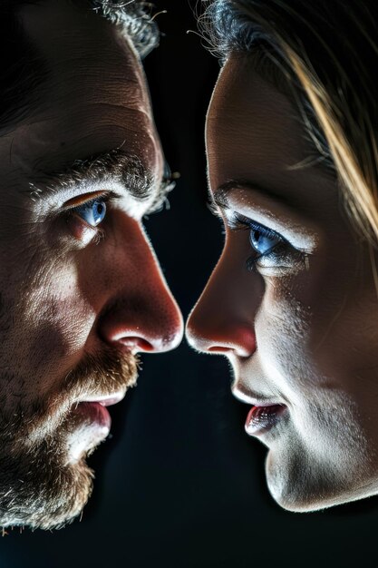 Ultra sharp photo a man and woman face to face with surveillance camera faces symbolizing modern