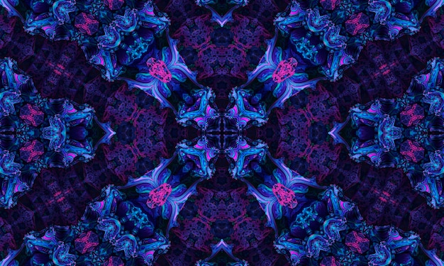 Ultra violet background, Bougainvillea tropical flowers with kaleidoscope effect, mandala floral pattern.