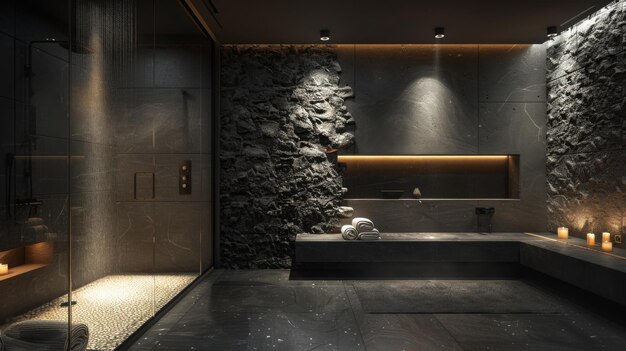 Photo ultradetailed 3d rendering of a contemporary bathroom with matte black finishes a frameless shower and indirect lighting hidden in architectural details