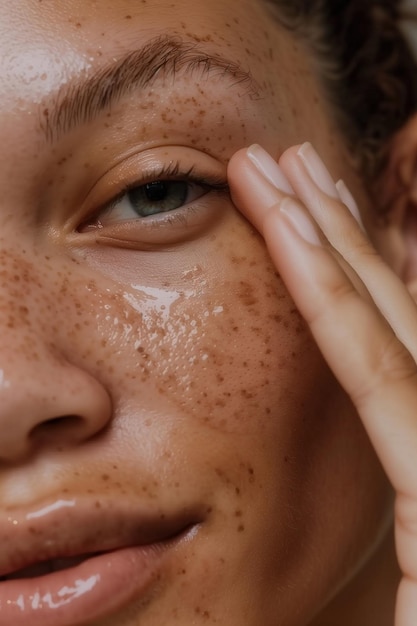 UltraDetailed CloseUp Photo of a Young Woman Touching Her Face with Healthy Skin